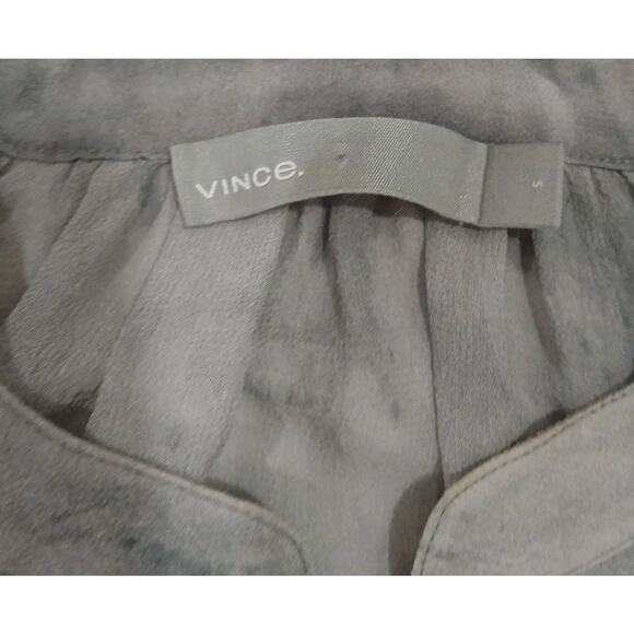 VINCE WATERCOLOR MARBLED SHIRRED 100%SILK BLOUSE TOP DARK‎ SMOKE GREY S - Picture 8 of 9